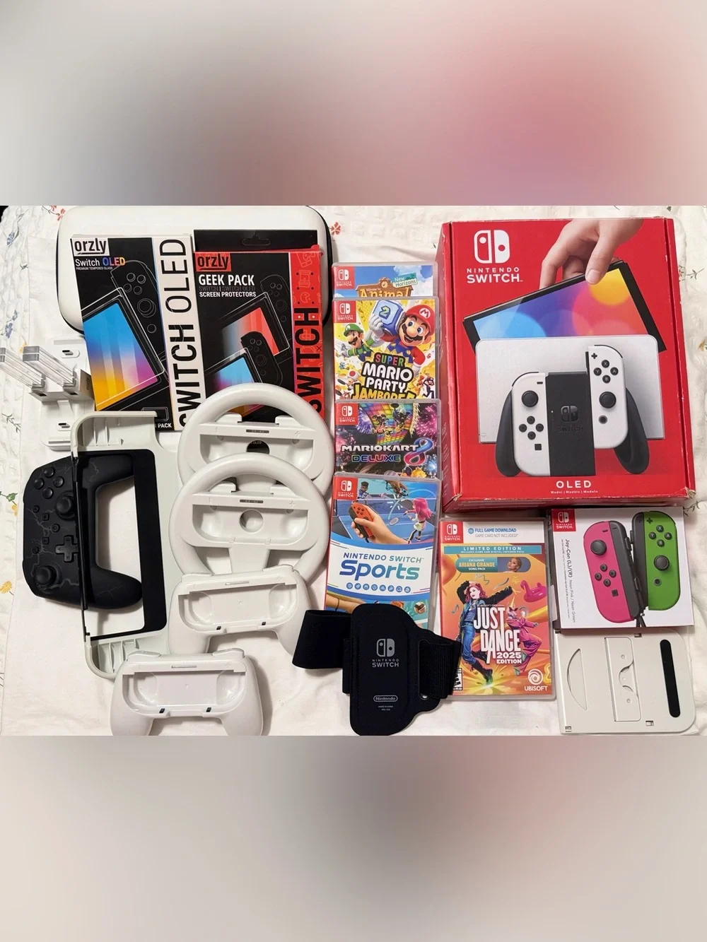 Nintendo Switch White OLED Console Bundle with White Wheel Controllers and Games
